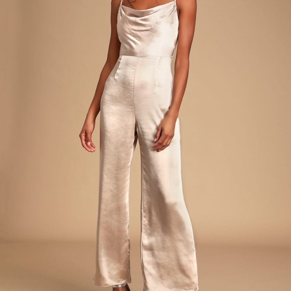 Champagne Satin Cowl Neck Jumpsuit